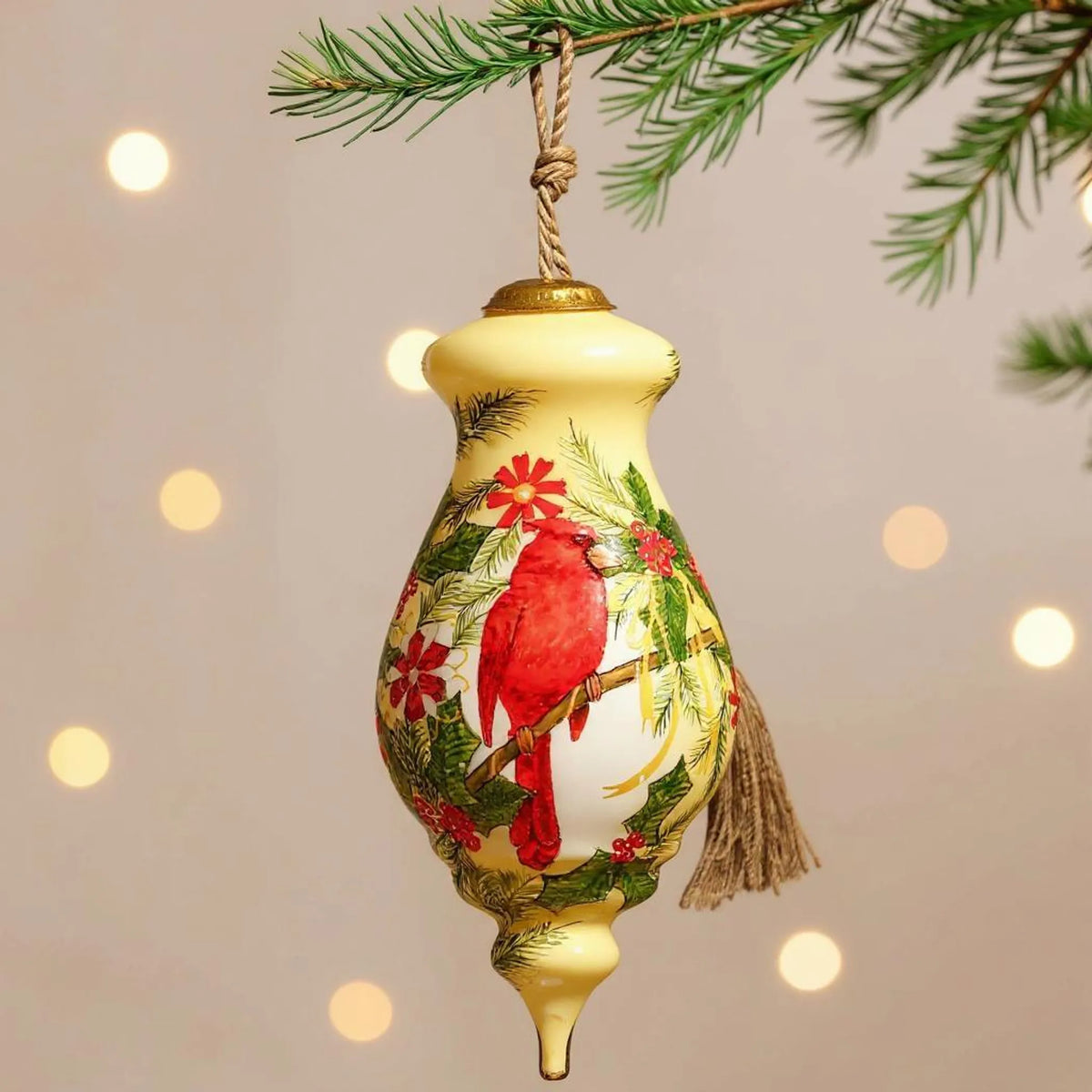 Merry Christmas Cardinal Christmas Hand Painted Red Green and Cream Glass Finial Ornament