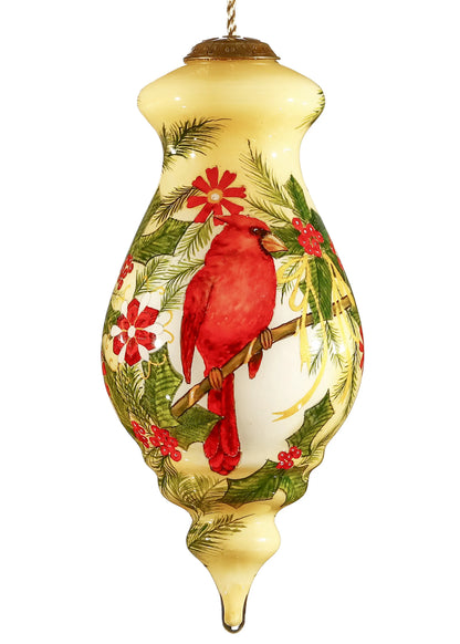 Merry Christmas Cardinal Christmas Hand Painted Red Green and Cream Glass Finial Ornament