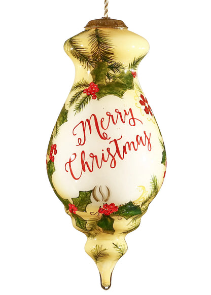 Merry Christmas Cardinal Christmas Hand Painted Red Green and Cream Glass Finial Ornament
