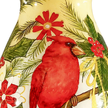 Merry Christmas Cardinal Christmas Hand Painted Red Green and Cream Glass Finial Ornament
