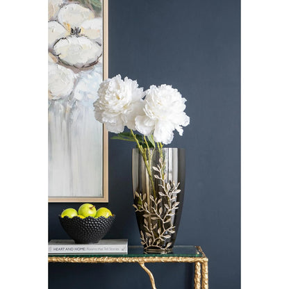 Dark Olive Branch Patterned Glass Aluminum Table Vase