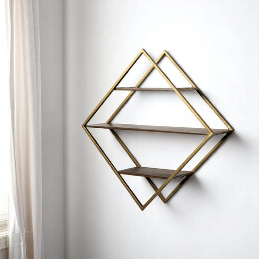 30" Metal and Solid Wood Diamond Shaped Accent Shelf shown on a wall