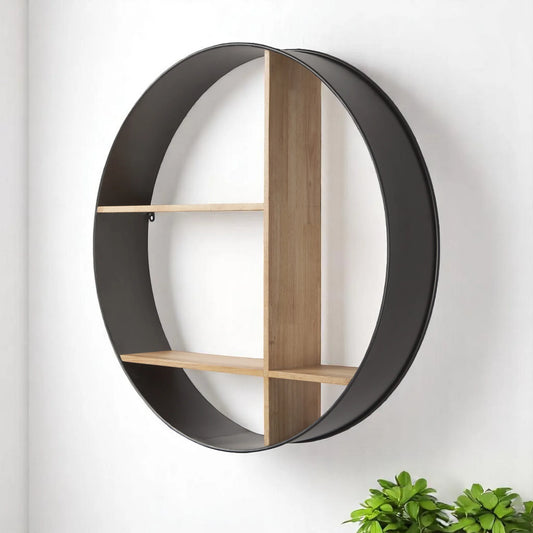 36" Black and Brown Metal and Wood Circular Multi-Tier Shelf is crafted from durable metal paired with rich solid wood
