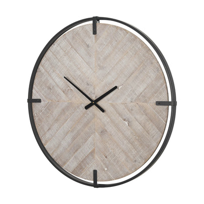 Metal Wood Analog Distressed Round Wall Clock