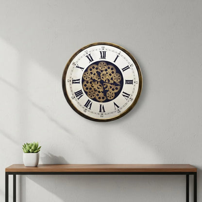 18" Antiqued Gold White and Black Metal Skeleton Wall Clock