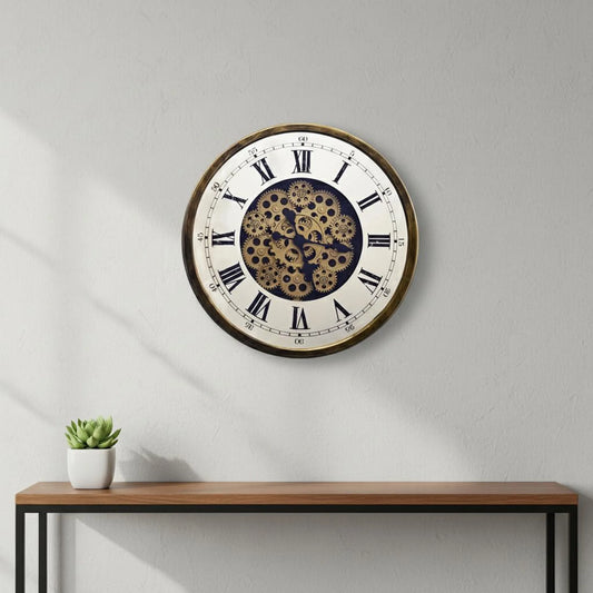 18" Antiqued Gold White and Black Metal Skeleton Wall Clock