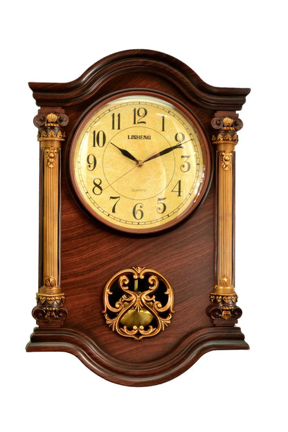 16" Walnut and Gold Resin Silent Analog Ornate Wall Clock