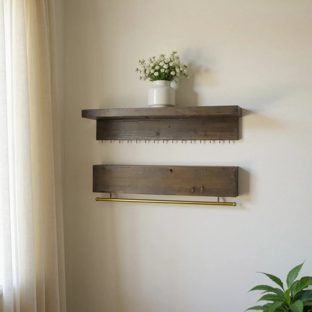 Wood Wall Mounted Accent Shelves with Hooks