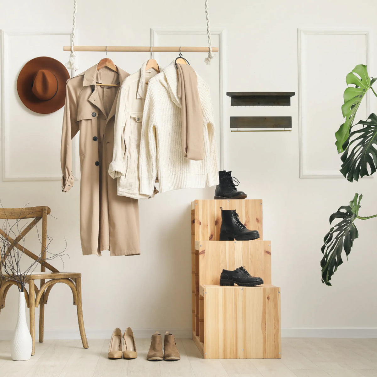 Wood Wall Mounted Accent Shelves with Hooks