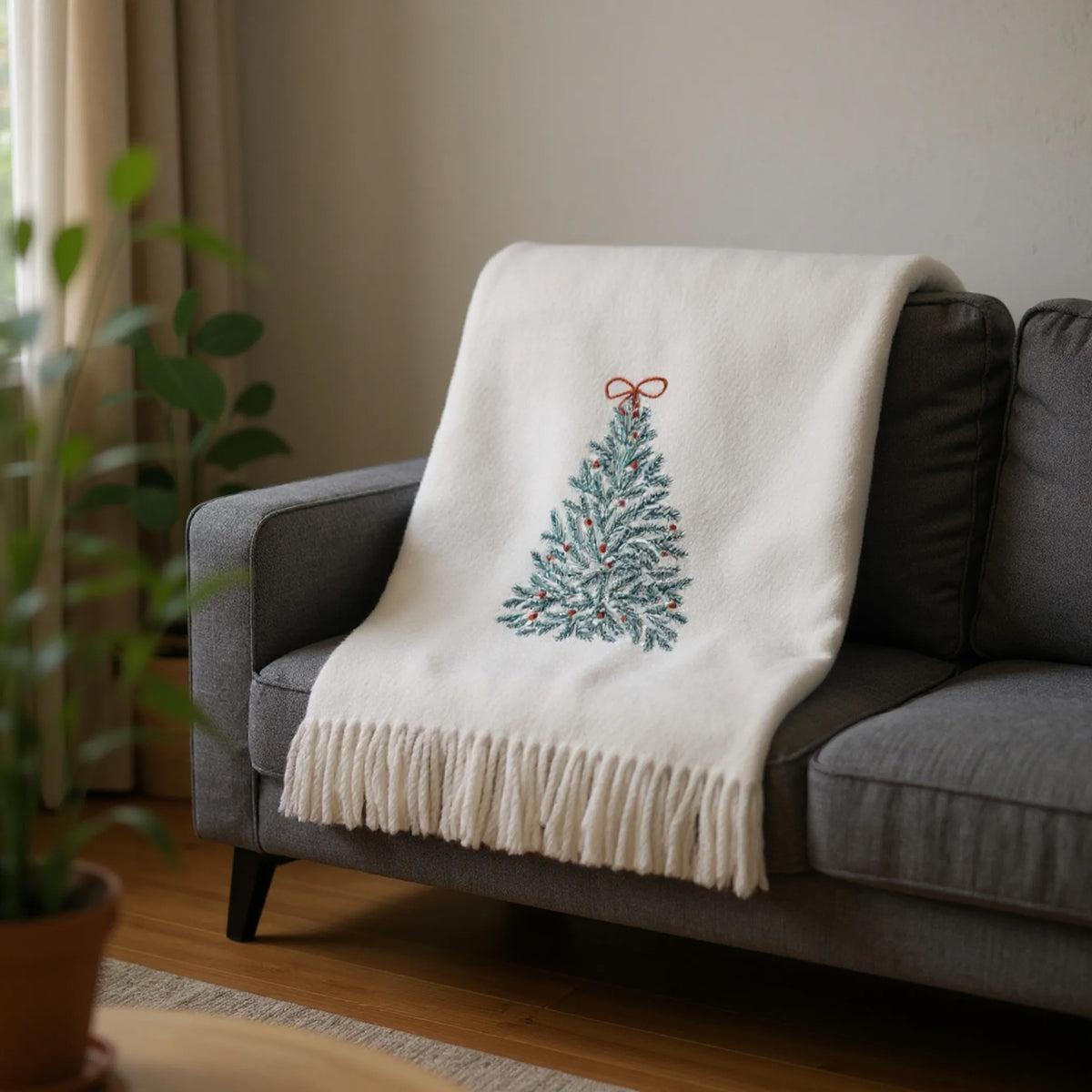 Cotton Blend Woven Christmas Tree EmbroideThrow Blanket with Fringe