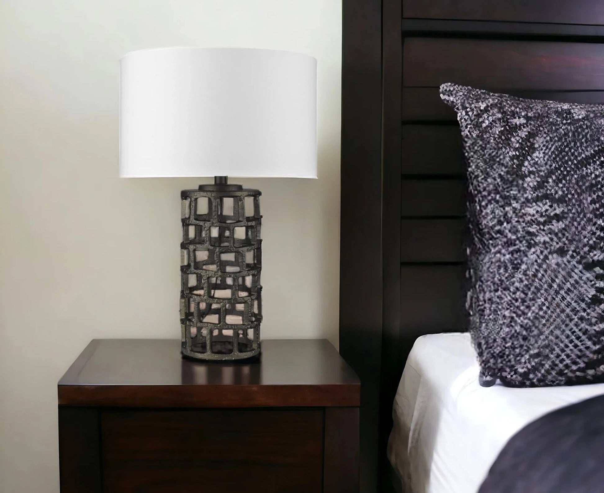 26" Black Metal Column Table Lamp With White Drum Shade - Nobiliving