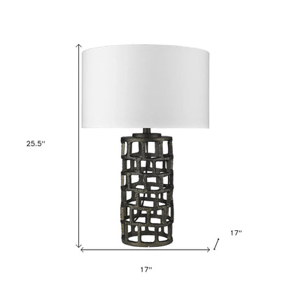 26" Black Metal Column Table Lamp With White Drum Shade - Nobiliving