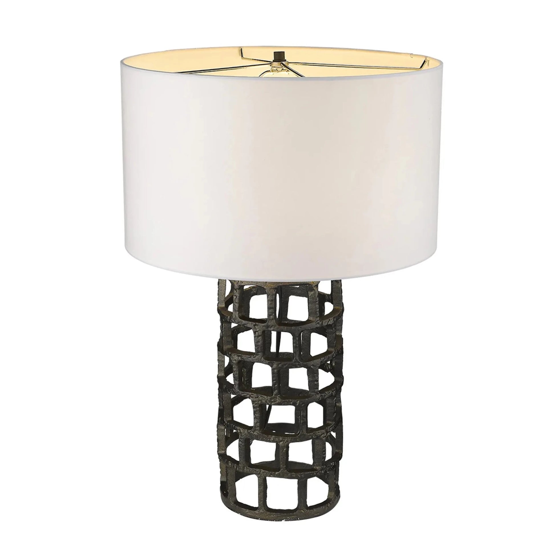 26" Black Metal Column Table Lamp With White Drum Shade - Nobiliving