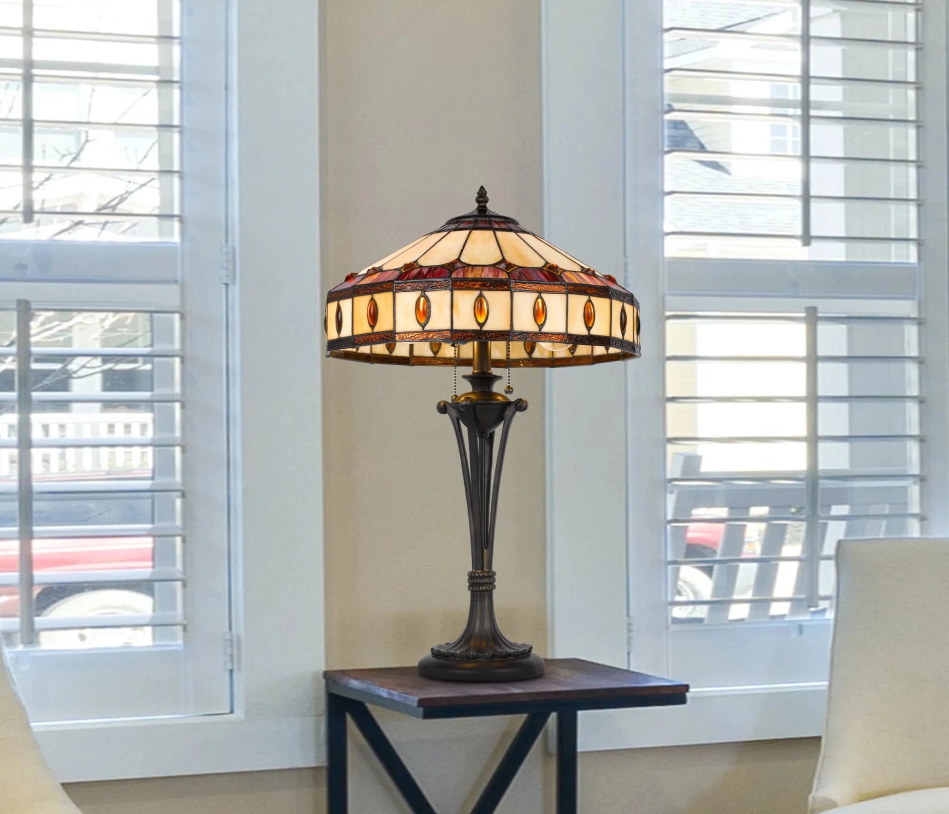 26" Black Metal Two Light Candlestick Table Lamp with Ivory and Red Dome Shade - Nobiliving