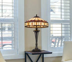 26" Black Metal Two Light Candlestick Table Lamp with Ivory and Red Dome Shade