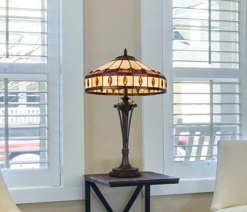 26" Black Metal Two Light Candlestick Table Lamp with Ivory and Red Dome Shade