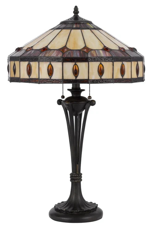 26" Black Metal Two Light Candlestick Table Lamp with Ivory and Red Dome Shade