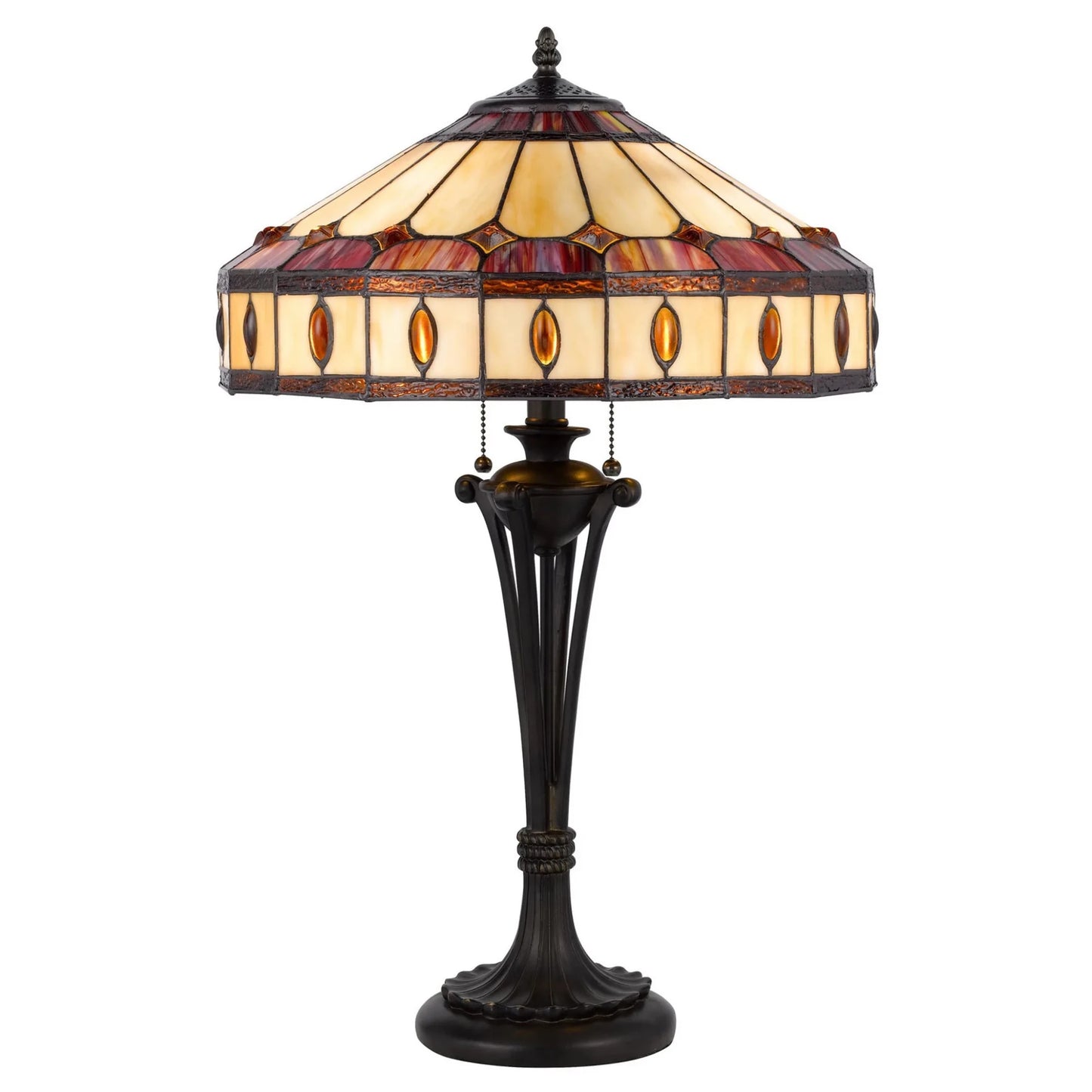 26" Black Metal Two Light Candlestick Table Lamp with Ivory and Red Dome Shade - Nobiliving