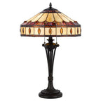 26" Black Metal Two Light Candlestick Table Lamp with Ivory and Red Dome Shade