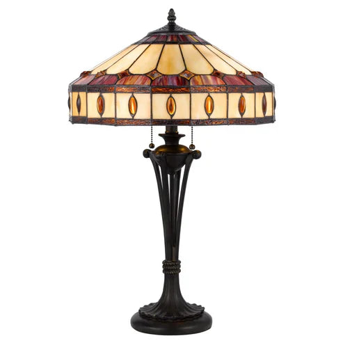 26" Black Metal Two Light Candlestick Table Lamp with Ivory and Red Dome Shade