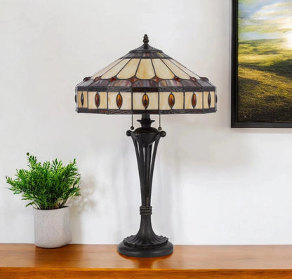 26" Black Metal Two Light Candlestick Table Lamp with Ivory and Red Dome Shade - Nobiliving