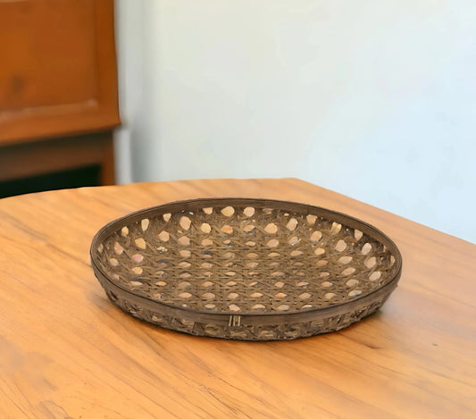 26" Brown Bamboo Weave Round Wood Vanity Tray - Nobiliving