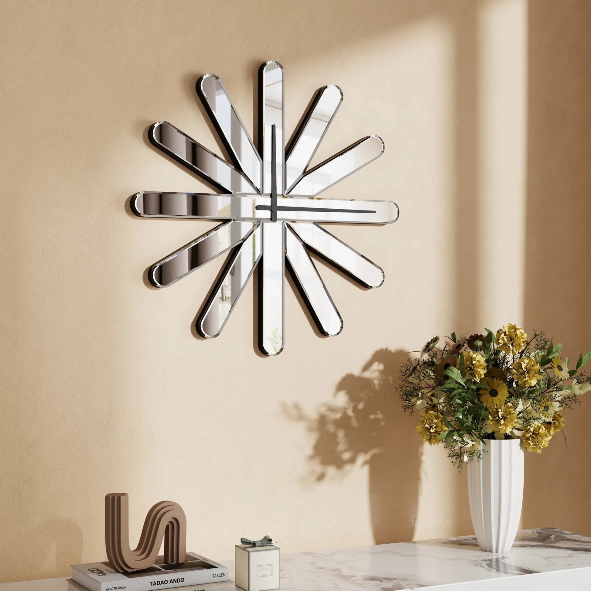 26" MirroGlass Silent Analog Starburst Wall Clock - Nobiliving
