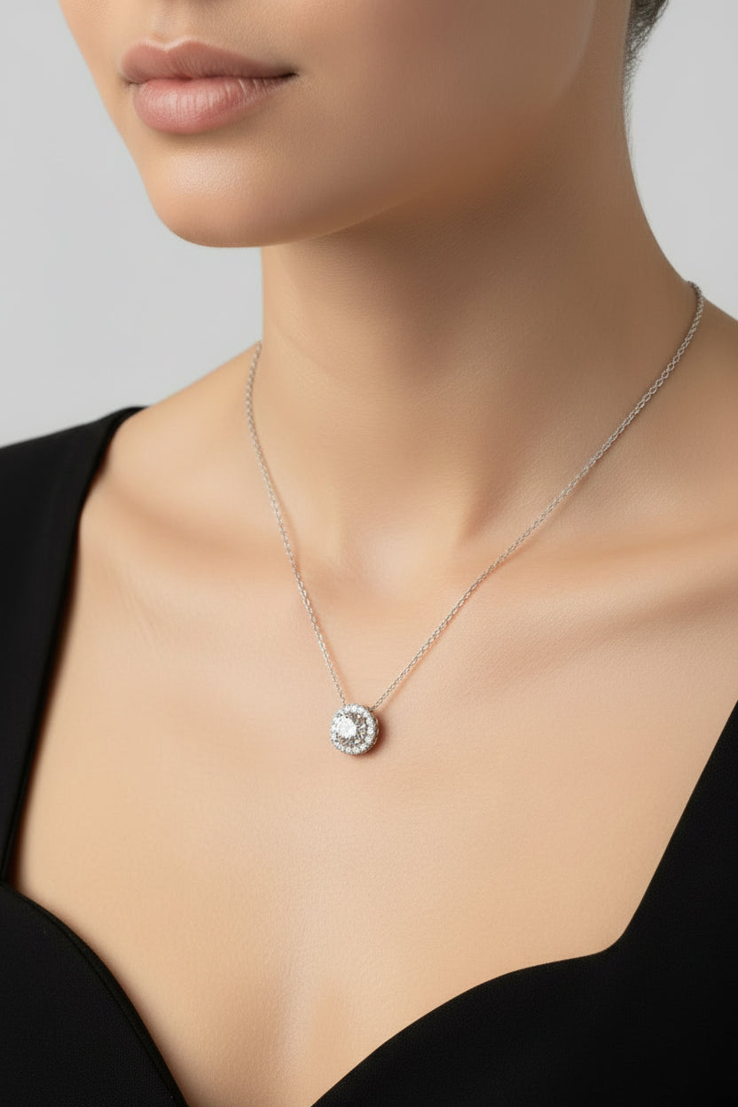 14kt White Gold AGI Certified Lab-Grown Diamond Halo Pendant Necklace