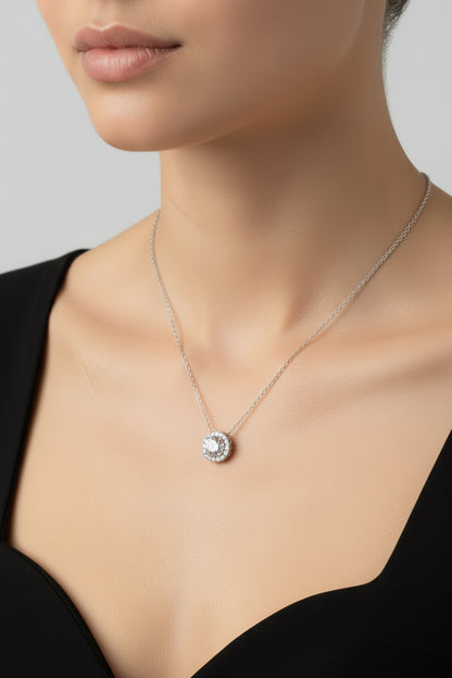 14kt White Gold AGI Certified Lab-Grown Diamond Halo Pendant Necklace
