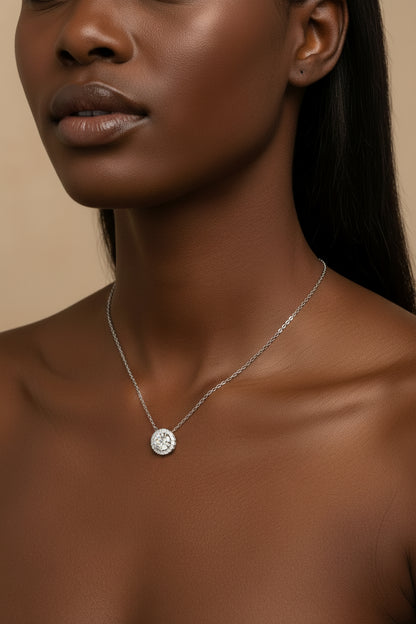 14kt White Gold AGI Certified Lab-Grown Diamond Halo Pendant Necklace