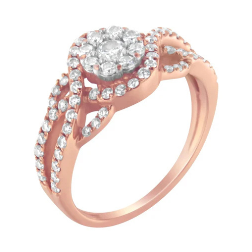10K Rose Gold 3/4 Cttw Diamond Floral Cluster Head and Twisted Shank Cocktail Ring