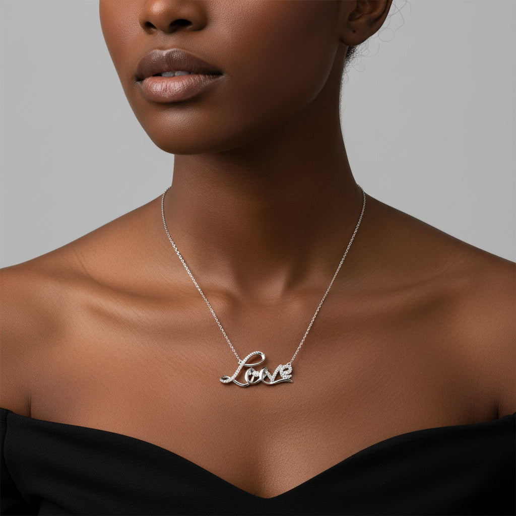 .925 Sterling Silver 1/4 Cttw Diamond Cursive "Love" 18" Pendant Necklace