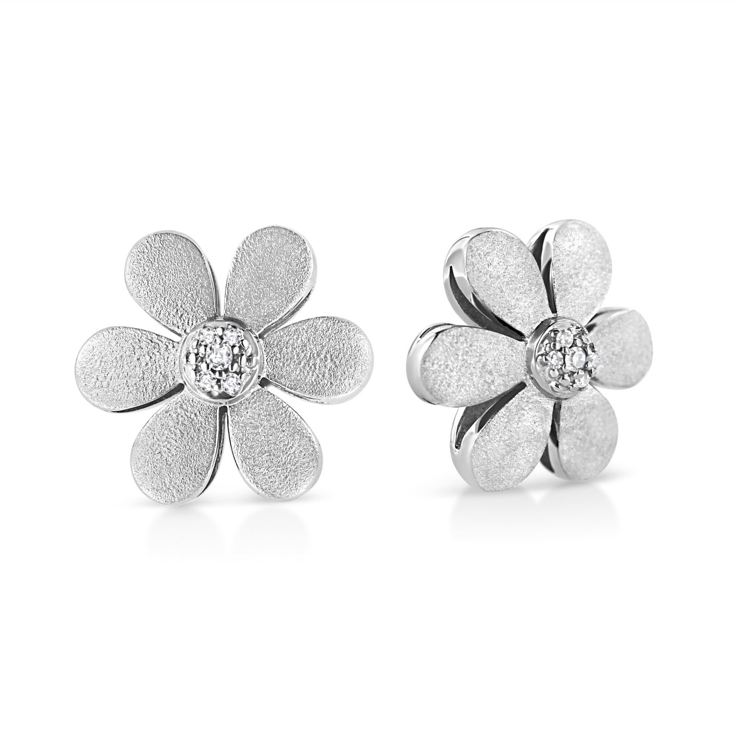 Matte Finished .925 Sterling Silver Diamond Accent Flower Hoop Stud Earring
