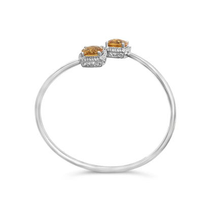 .925 Sterling Silver 8mm Yellow Citrine Gemstone and Diamond Accent Bangle Bracelet