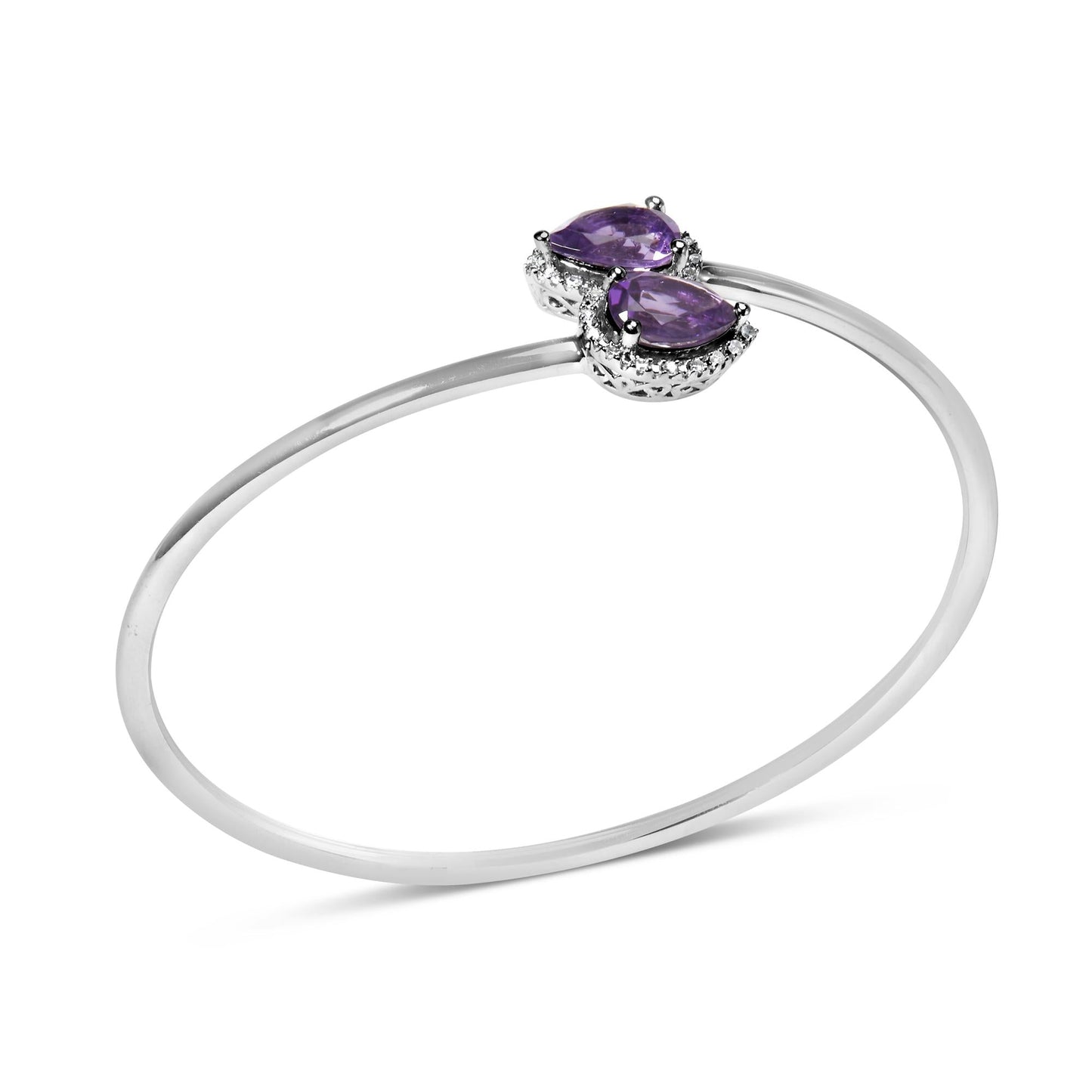 .925 Sterling Silver 8 x 5.5mm Pear Shape Amethyst and Diamond Accent Bangle Bracelet