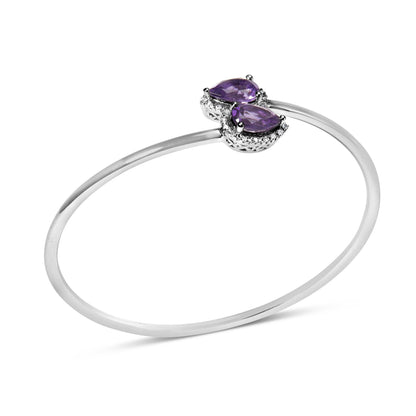.925 Sterling Silver 8 x 5.5mm Pear Shape Amethyst and Diamond Accent Bangle Bracelet