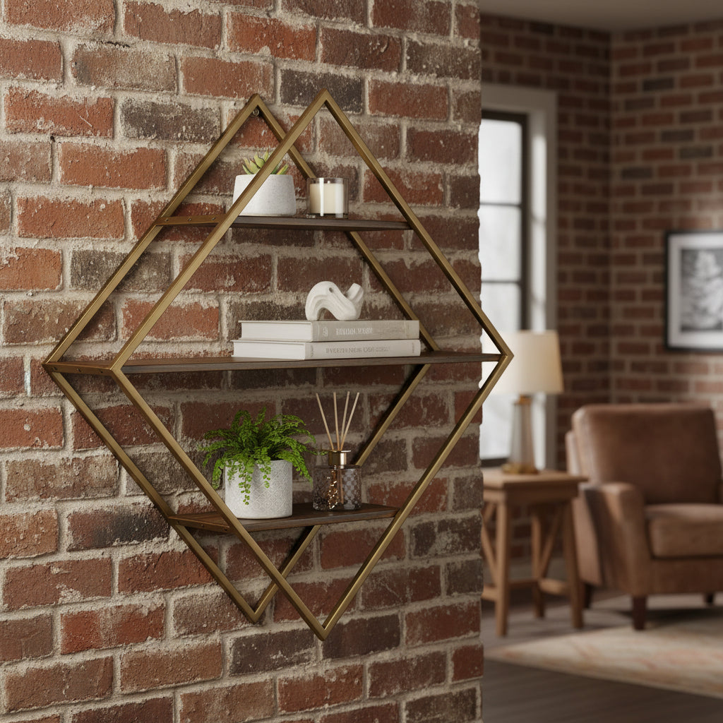 30" Metal and Solid Wood Diamond Shaped Accent Shelf,