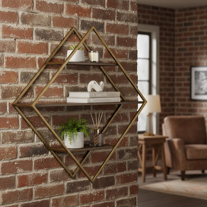 30" Metal and Solid Wood Diamond Shaped Accent Shelf,