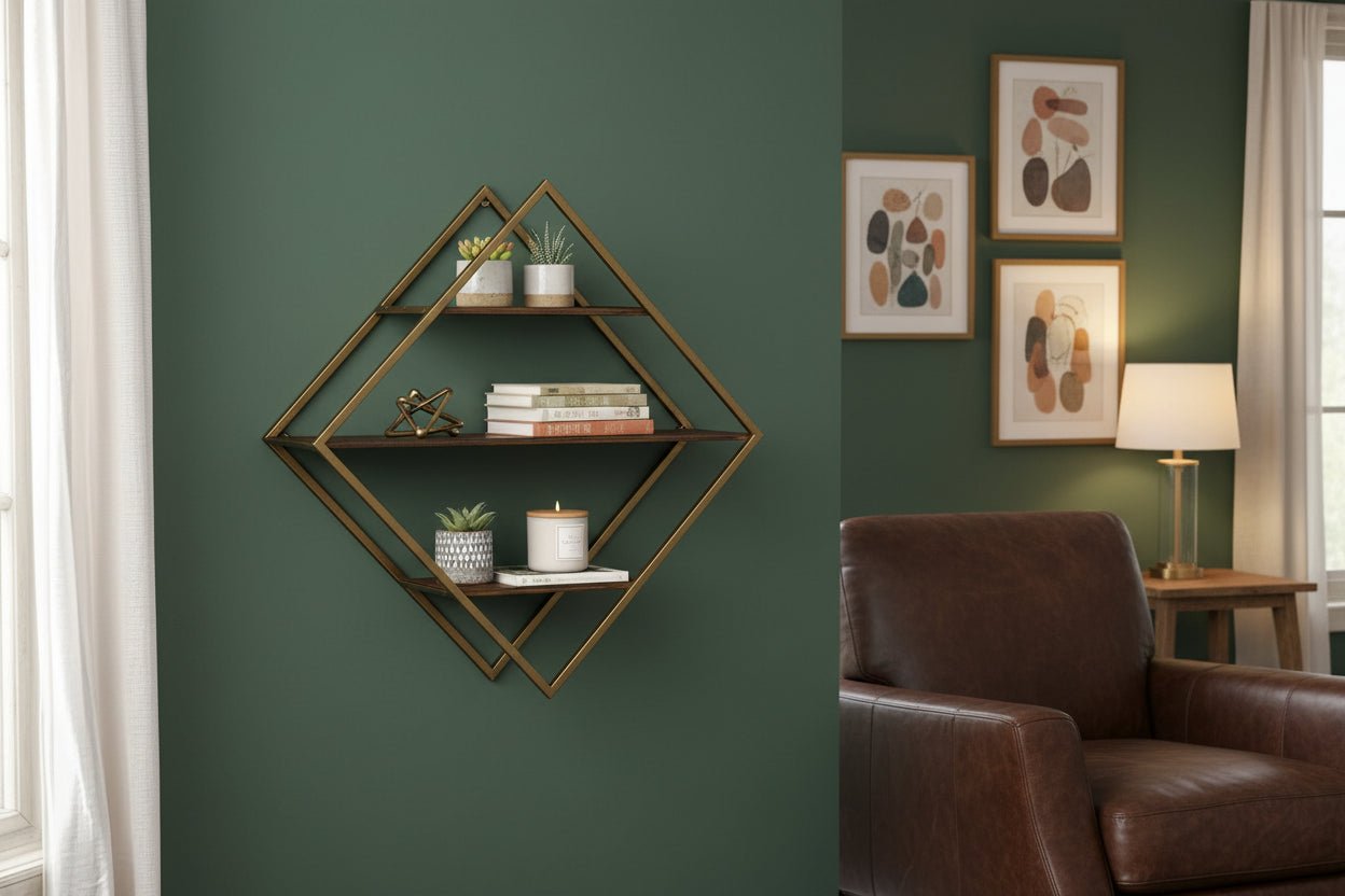 30" Metal and Solid Wood Diamond Shaped Accent Shelf,