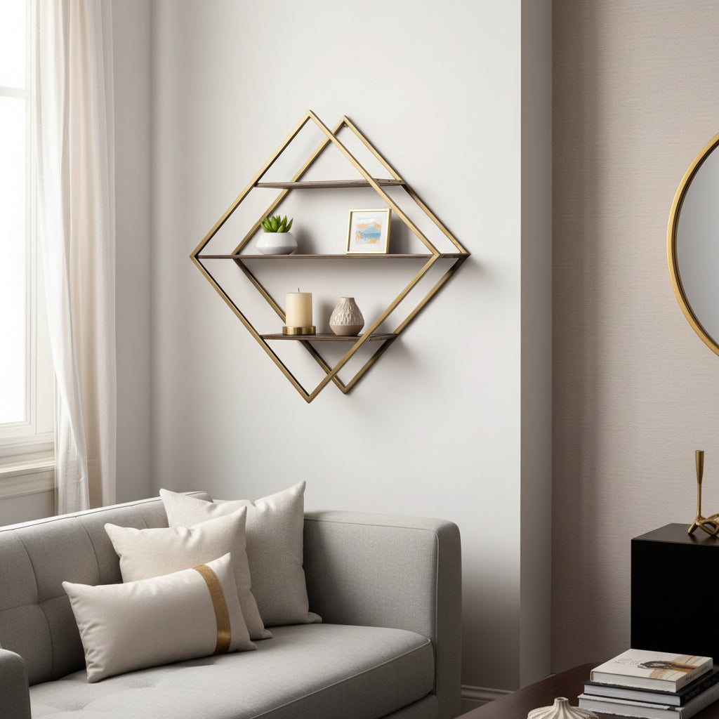 30" Metal and Solid Wood Diamond Shaped Accent Shelf,