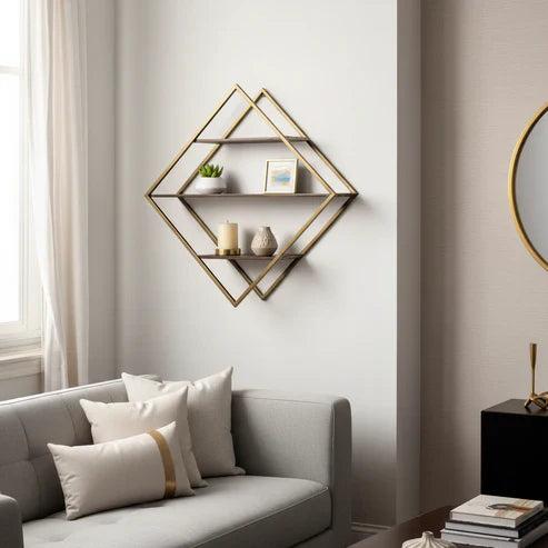 30" Antiqued Brass and Brown Metal and Wood Diamond Shaped Accent Shelf