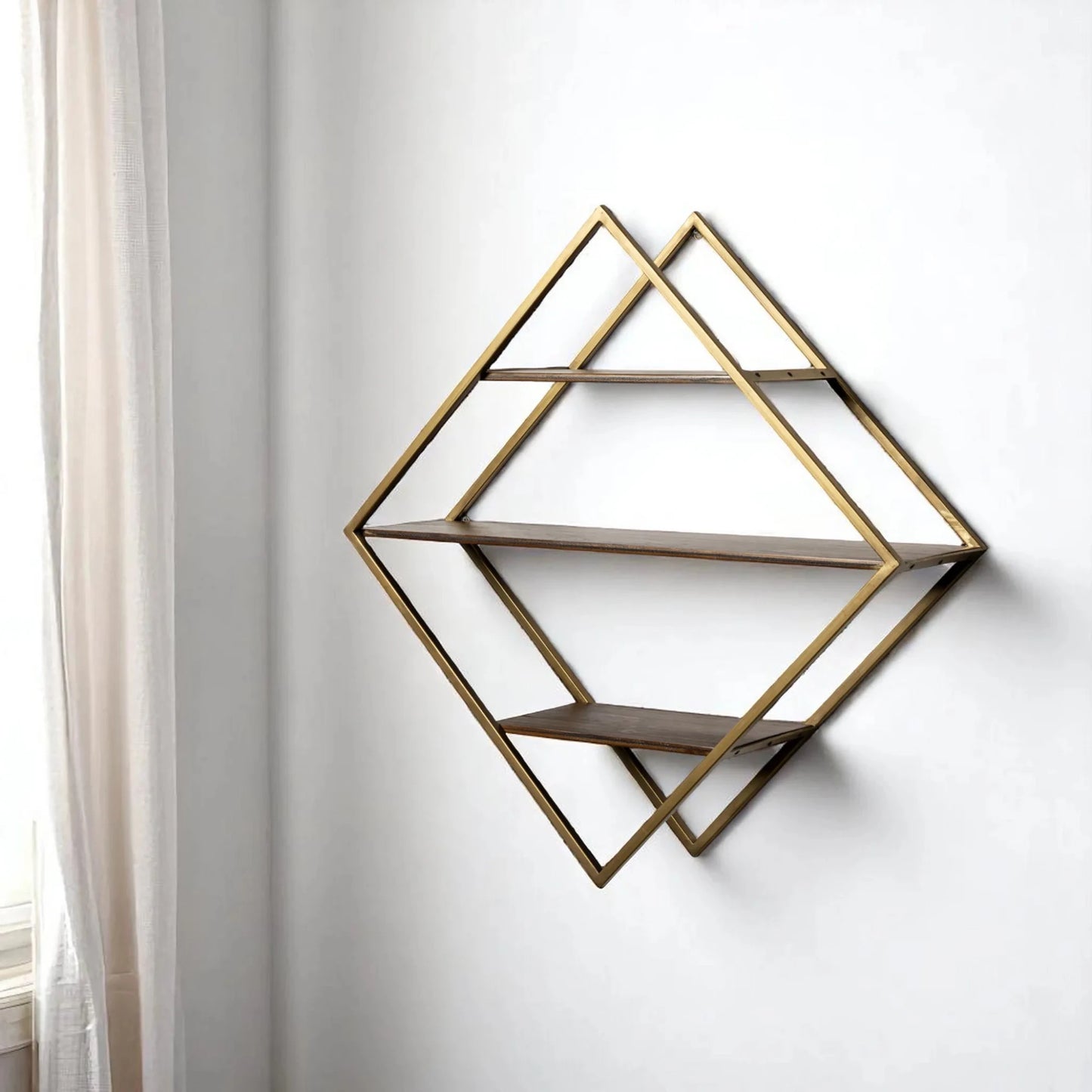 30" Metal and Solid Wood Diamond Shaped Accent Shelf,