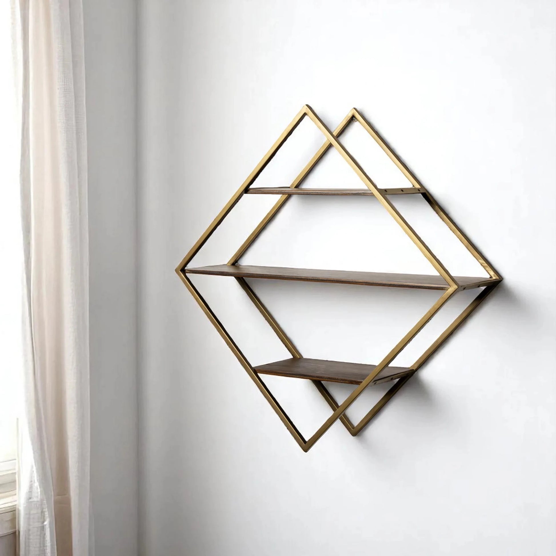 30" Metal and Solid Wood Diamond Shaped Accent Shelf,