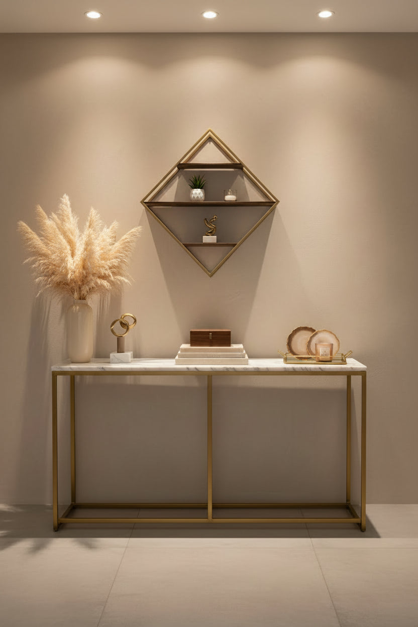 30" Metal and Solid Wood Diamond Shaped Accent Shelf,
