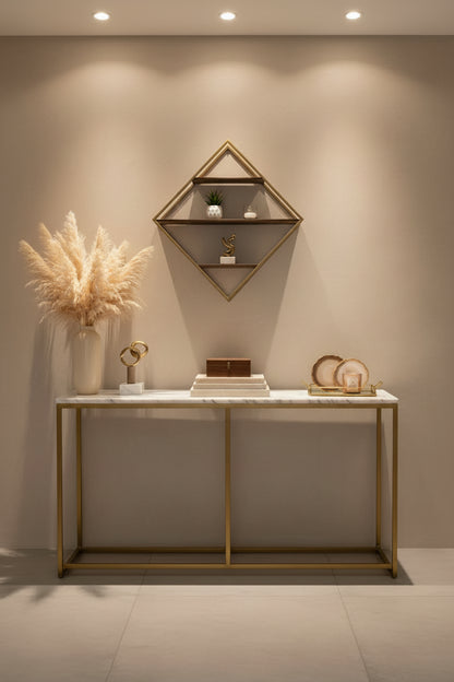 30" Metal and Solid Wood Diamond Shaped Accent Shelf,