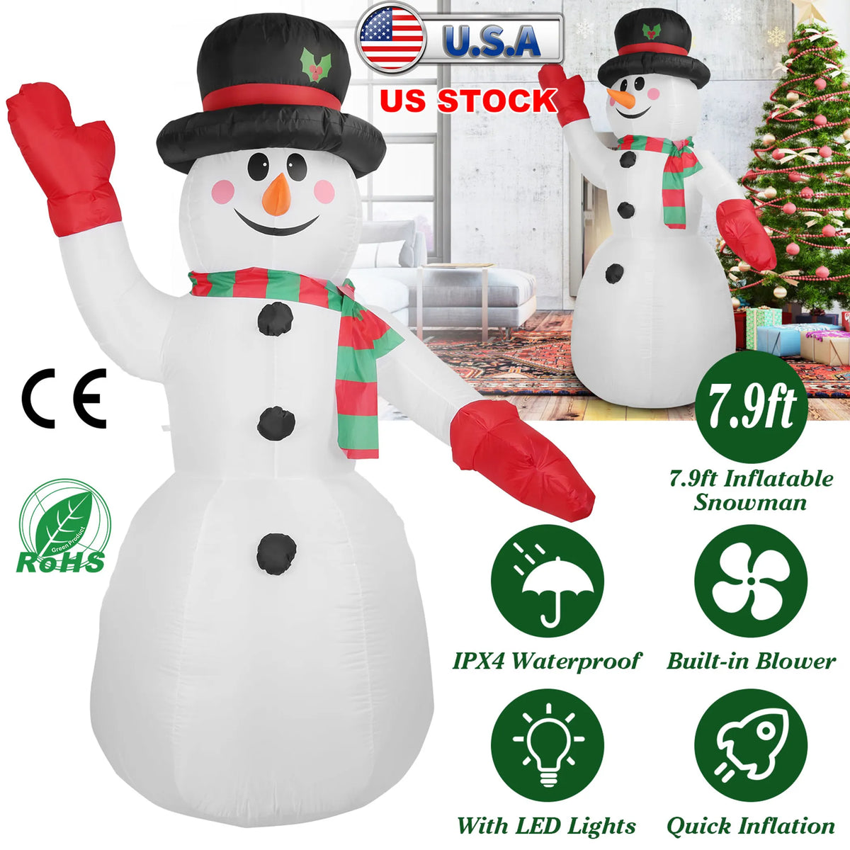 7.9FT Christmas Inflatable Giant Snowman Blow up Light up Snowman