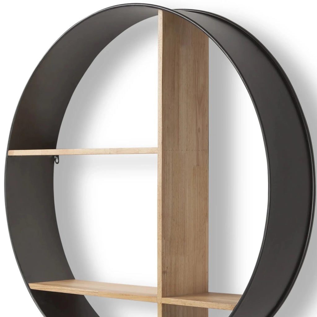 36" Black and Brown Metal and Wood Circular Multi-Tier Shelf