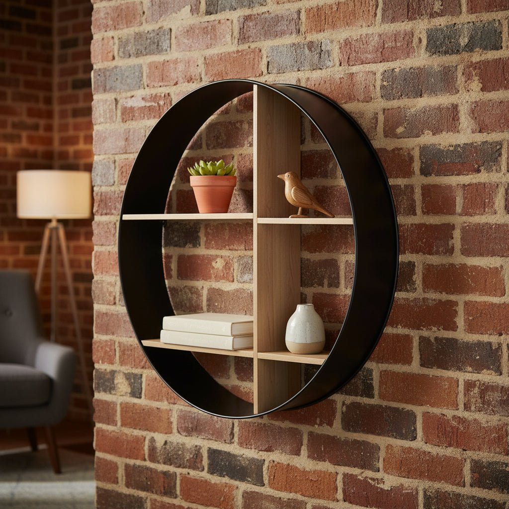 36" Black and Brown Metal and Wood Circular Multi-Tier Shelf