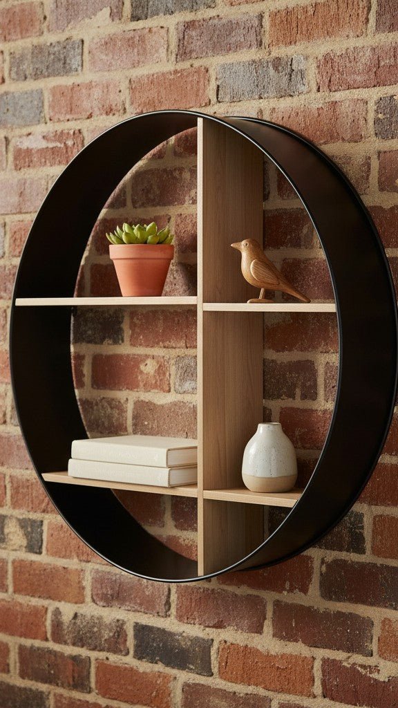 36" Black and Brown Metal and Wood Circular Multi - Tier Shelf - Nobiliving