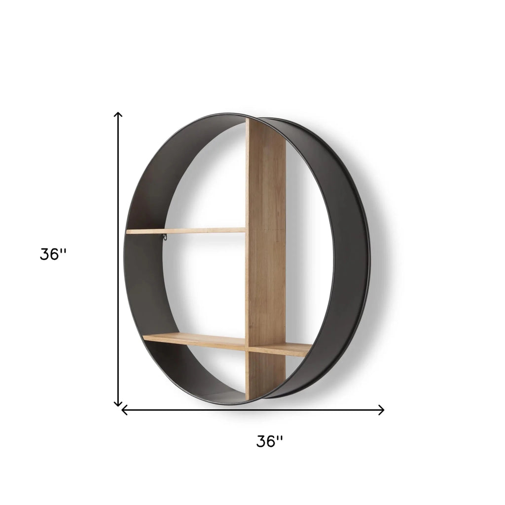 36" Black and Brown Metal and Wood Circular Multi-Tier Shelf